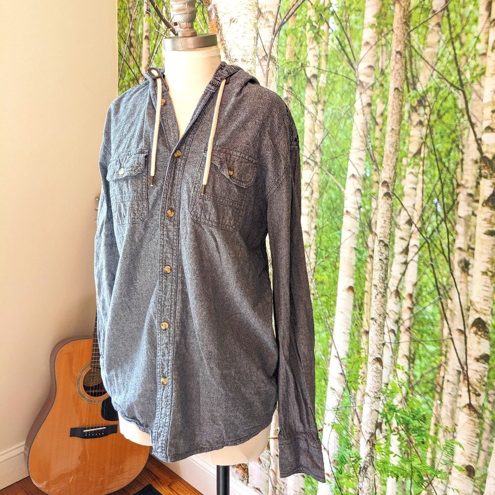 Chambray Denim Button Down Hoodie with Southwestern Print Elbow Patches